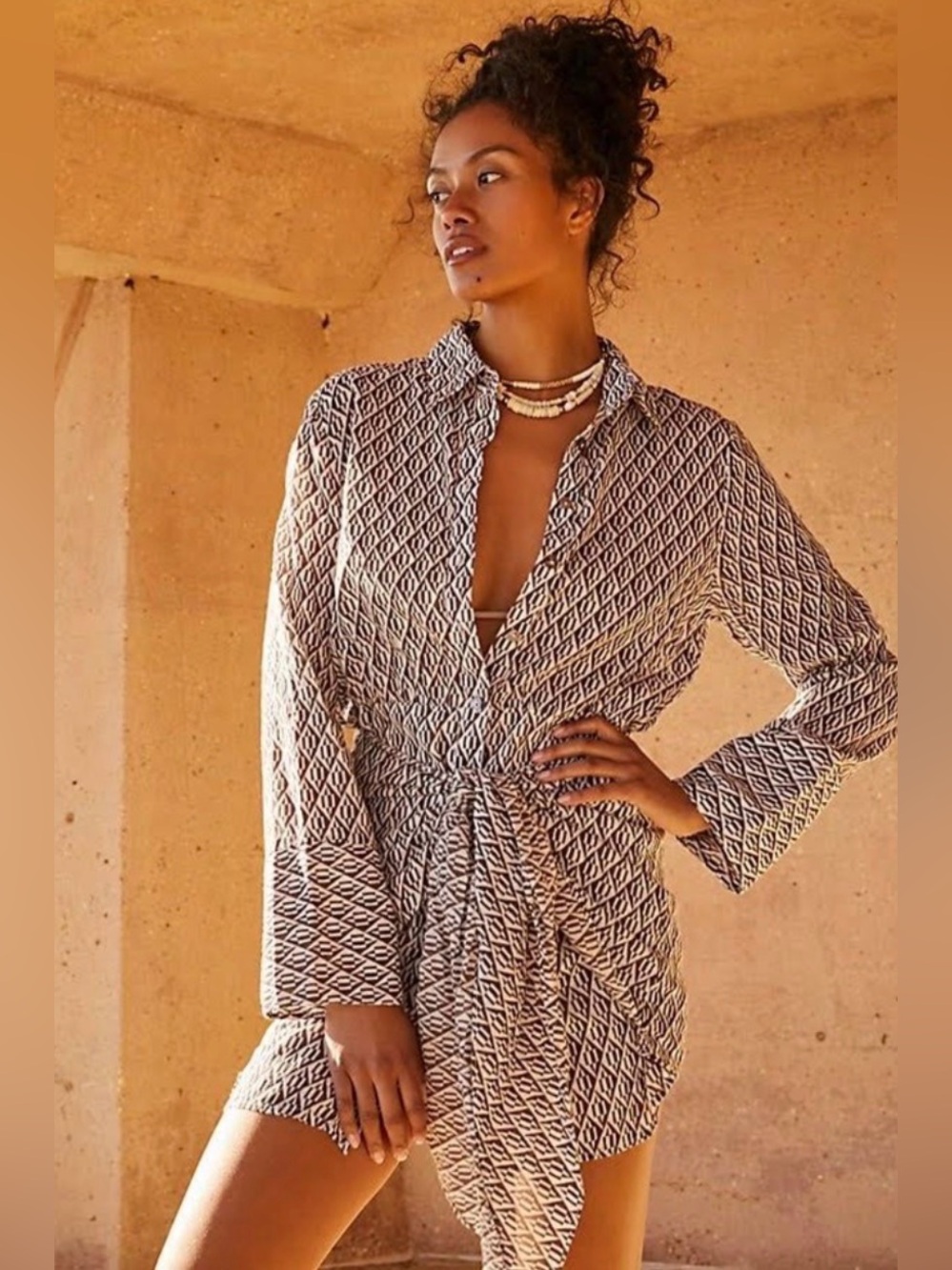Free People Rillo Mini Shirt Dress Black Beach Summer Tie Front Size XS